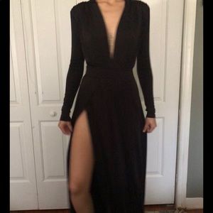 Black Plunging Neck Gown with Double Slits
